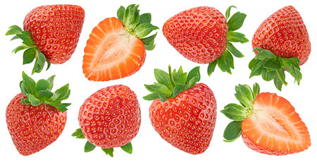 Falling strawberries isolated on white background with clipping path, fresh flying berries collection, full depth of field, package design elementの写真素材