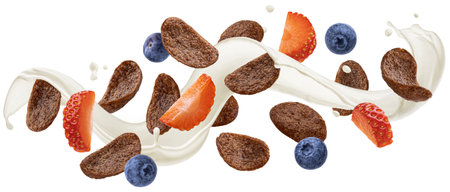 Falling chocolate corn flakes with milk splash, blueberry and strawberry slices isolated on white...