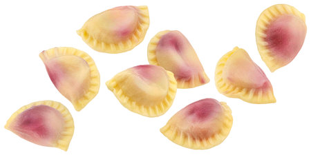 Traditional dumplings filled with red berry jam isolated on white background with clipping pathの写真素材