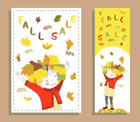 Autumn sale. Fall sale design. Two banners collection. One of a set - seasonal banners. Can be used for flyers, banners or posters. Vector illustration with cute girl.のイラスト素材