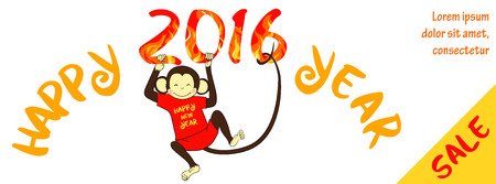 New year sale banner design. One of a set - holidays banners. Can be used for banners or posters. Vector illustration with cute hand drawn monkey - symbol of 2016 year.のイラスト素材