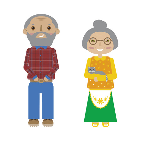 Hand drawn flat cartoon grandparents. Vector illustration of senior pair. Grandmother with a cat and grandfather.のイラスト素材