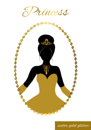 Princess full face black silhouette in tiara, necklace and ball gown. Queen in gold full-length dress, crown and gloves. In patterned gold glitter frame. Cameo for beauty salon, wedding invitations.