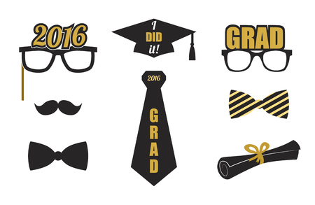 Graduation 2016 elements set. Collection of gold and black icons for graduation party or ceremony invitation, greeting card design. Vector flat. Glasses, graduation hat, and diploma, tie.のイラスト素材