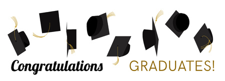 Graduation celebration. Graduation ceremony. Graduation party. Hats off.  Graduation caps high in the sky. Greeting card design. Vector flat design.のイラスト素材
