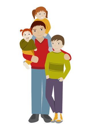 Father with teenage son and little daughters. Three children with dad. Flat cartoon vector illustration.のイラスト素材