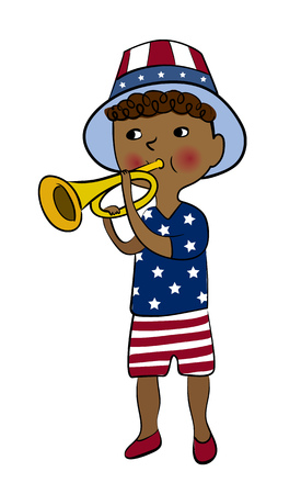Boy dressed in american flag style with trumpet. 4th of July greeting card. USA Independence Day...