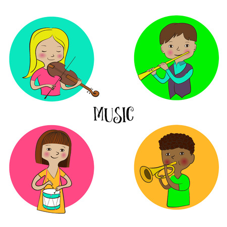Violinist girl, flutist boy drummer and trumpeter kids. Musician children icons set. Funny cute kids with musical instruments. Flat sketch, doodle style vector. Round design.のイラスト素材