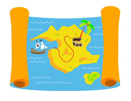 Pirate treasure map colorful flat illustration with pirate sailing ship and treasure chestのイラスト素材