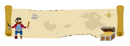 Treasure map scroll flat background with pirate and treasure chest full of golden coinsのイラスト素材