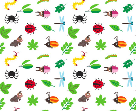 Funny cartoon insects and tree leaves seamless background, pattern with spider, bugs, dragonfly, caterpillar and antのイラスト素材