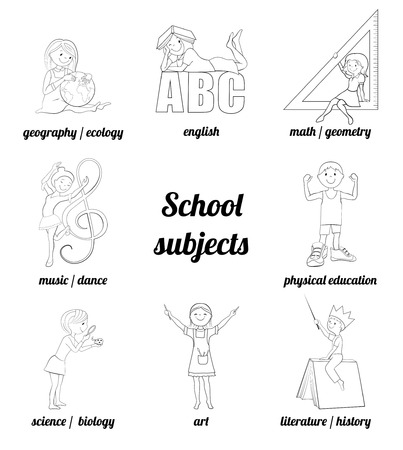 School subjects vector coloring page, Math and english, music and art, science and physical educationのイラスト素材