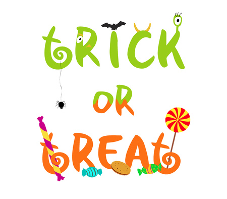 Trick or treat decorative vector text with spooky elements and sweets for halloween holiday isolated on whiteのイラスト素材