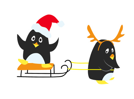 Funny christmas cartoon vector, Penguins in reindeer and Santa costumes in sleighのイラスト素材