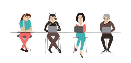 Coworking office space, people at laptops working together, flat style vectorのイラスト素材