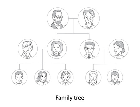 Family tree chart, genealogical tree, family portraits thin line style vectorのイラスト素材