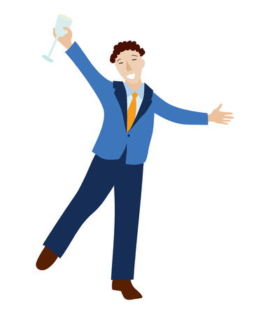 Drunk businessman in formal suit dancing with a glass of champagne, flat vector illustrationのイラスト素材