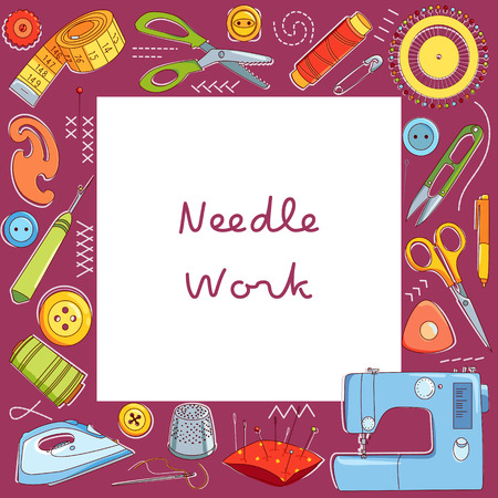 Sewing and tailoring tools, Sewing machine, stitches, thread, vector square frame, border, Place for your textのイラスト素材
