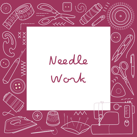 Sewing and tailoring tools, Sewing machine, stitches, thread, Line vector square frame, border, Place for your textのイラスト素材