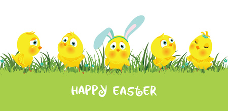 Easter horizontal border with funny cute chickens, Flat vector illustrationのイラスト素材