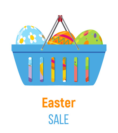 Shopping basket with decorative Easter eggs isolated on white, Holiday Sale concept, vector illustrationの写真素材