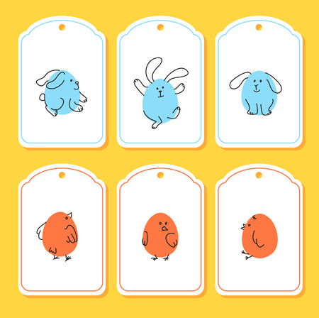 Set of funny Easter tags with bunny, chickのイラスト素材