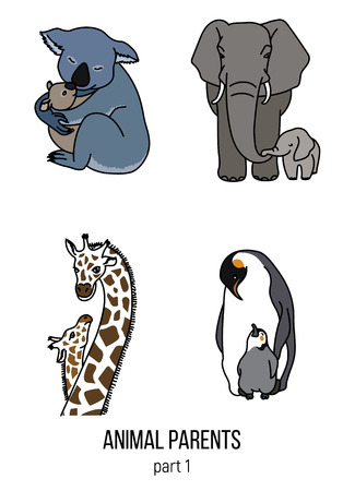 Cute animals, part 1, parent and kid penguins, elephants, giraffes and koalas vector illustrationsのイラスト素材