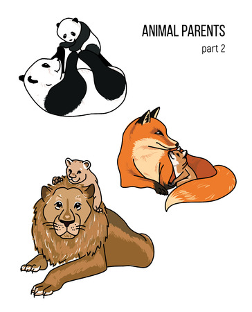 Cute animals, part 2, parent and kid lion, fox, panda bear vector illustrationsのイラスト素材