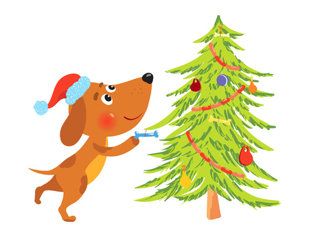 Cute cartoon dog decorating christmas treeのイラスト素材