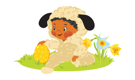 Baby african boy in lamb costume with decorative egg with flowersのイラスト素材