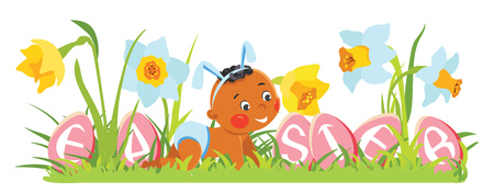 Baby boy in bunny ears with decorative eggs illustration.のイラスト素材