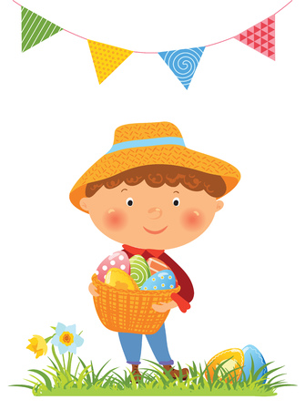 Boy with basket full of eggs, set of decorative eggs, Easter illustrationのイラスト素材