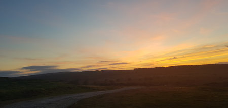 Sunset over a meadow in the Yorkshire Dales National Parkの写真素材