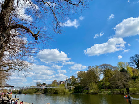 View of the river Rhine in the city of Bonn, Germanyの写真素材