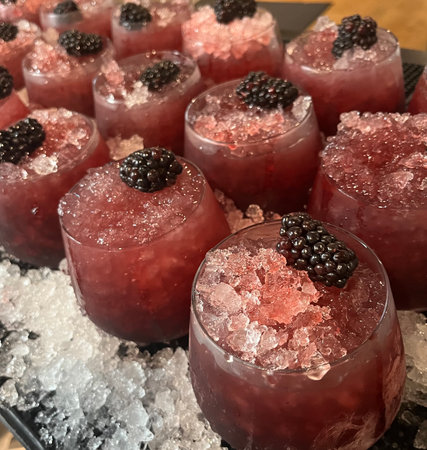 Frozen blackberries and ice cubes on the counter of a restaurantの写真素材