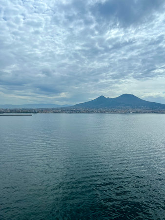 View from the sea to the city of Naples and Mount Vesuviusの写真素材