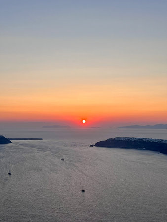 Sunset over the caldera of Santorini, Greeceの写真素材