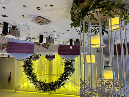Wedding decoration in the form of a garland and candlesの写真素材