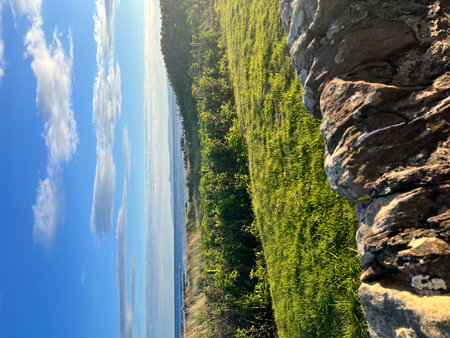 beautiful summer landscape. View of the lake from the cliff.の写真素材