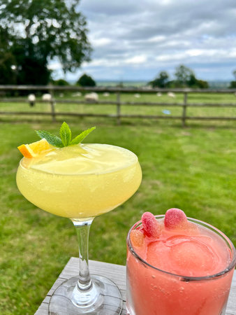 Cocktails in a glass on a wooden table in the countrysideの写真素材