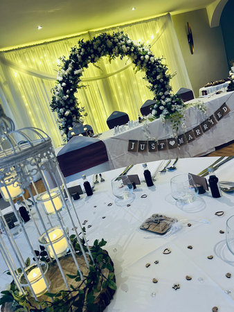 Wedding Banquet Table Decorated with Flower Wreathの写真素材