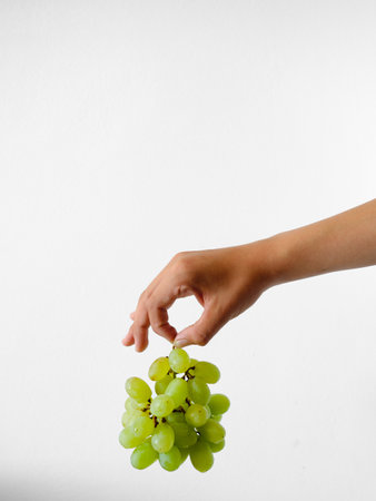 A hand holding a bunch of grapes. The grapes are green and the hand is white. Concept of freshness and healthiness, as grapes are a nutritious fruitの写真素材