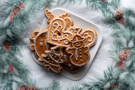 A plate of gingerbread cookies with a tree and a snowman on it. The cookies are piled on top of each other, creating a festive and cozy atmosphereの写真素材