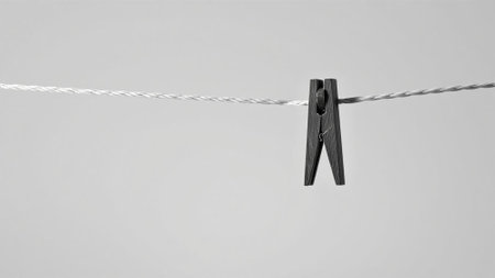 A clothespin is hanging on a line. The clothespin is black and has a silver wire. Generate Aiの素材