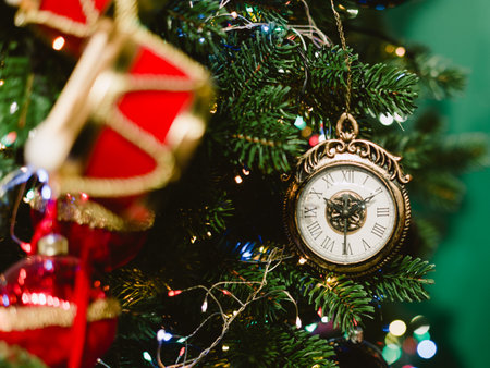 A gold and white clock hanging from a green background. The clock has Roman numerals on it