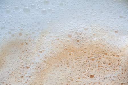 A white background with a lot of bubbles. The bubbles are scattered all over the backgroundの写真素材