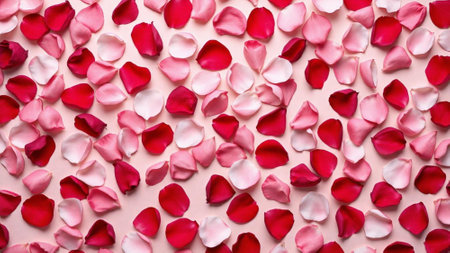 A close up of pink and red petals. The petals are scattered all over the image. Generate Aiの素材