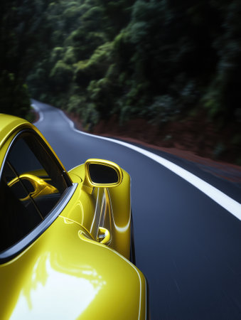 A yellow car is driving down a road with trees in the background. The car is on a curve and the driver is looking at the cameraの素材