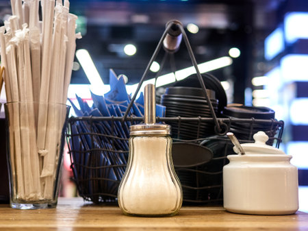 A salt shaker sits on a wooden table next to a basket of napkins and a jar of sugar. The table is in...