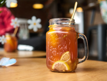 A glass of iced tea with a straw in it. The glass is on a table. The table is woodenの写真素材